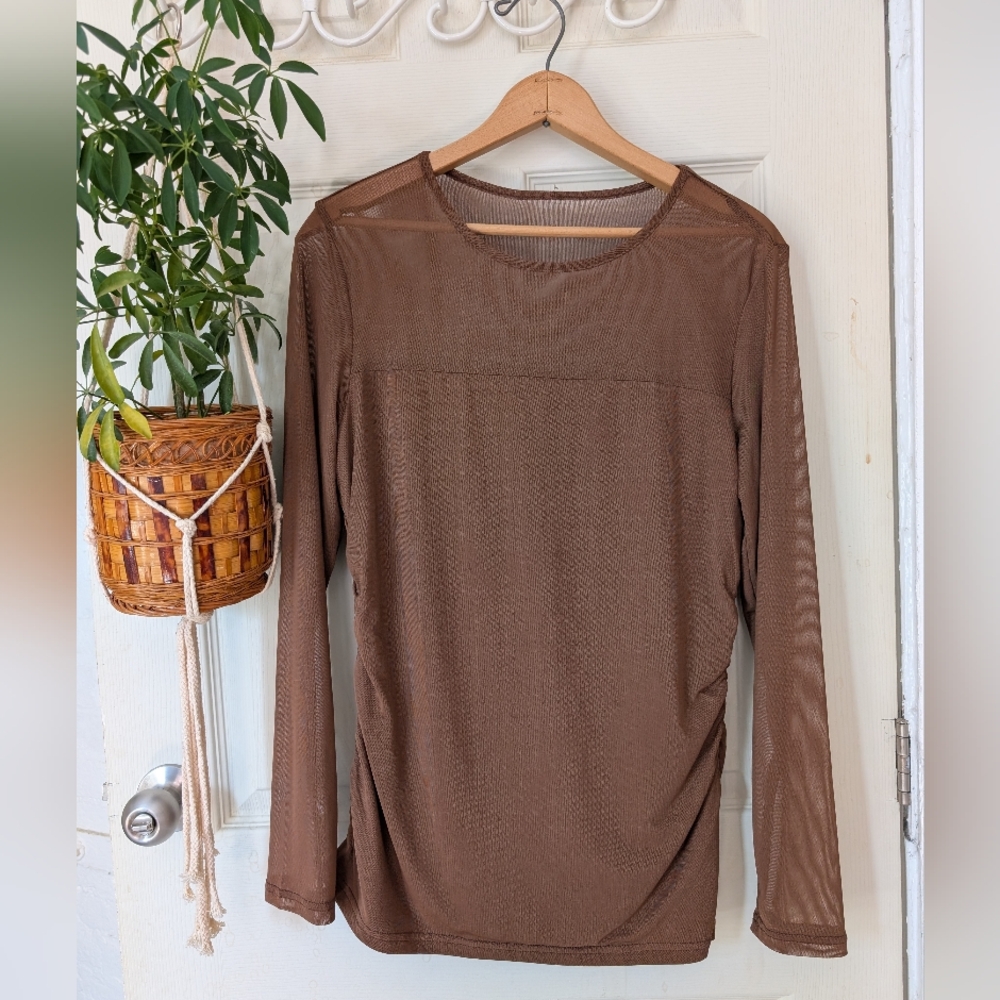 zeagoo Brown Sheer Long Sleeve Mesh Top L
